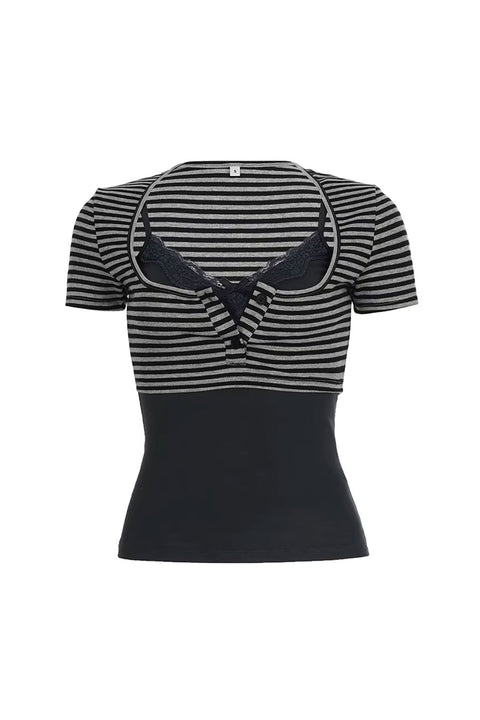 Y2K Stripped Cropped Henley & Lace Cami 2 Piece Top Set