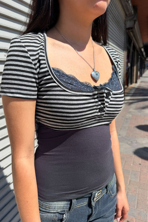 Y2K Stripped Cropped Henley & Lace Cami 2 Piece Top Set