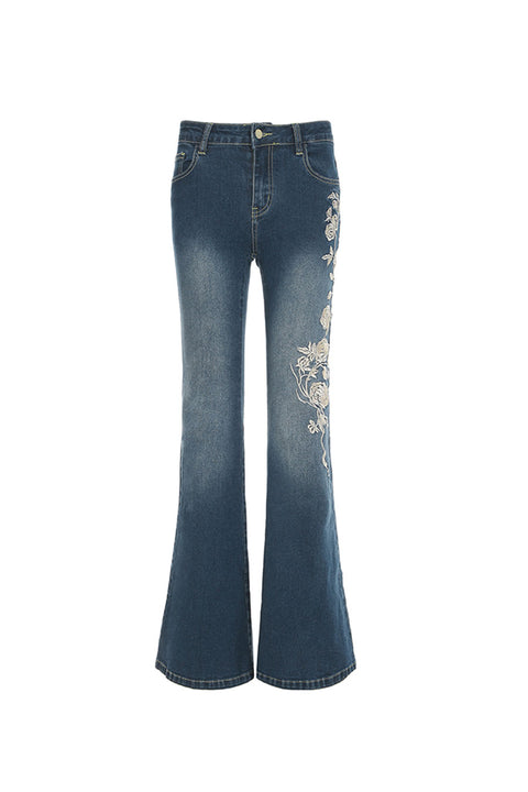 Y2K 2000s Mid-Rise Floral Pattern Embroidered Medium Wash Flare Boot Cut Jean with Good Stretch