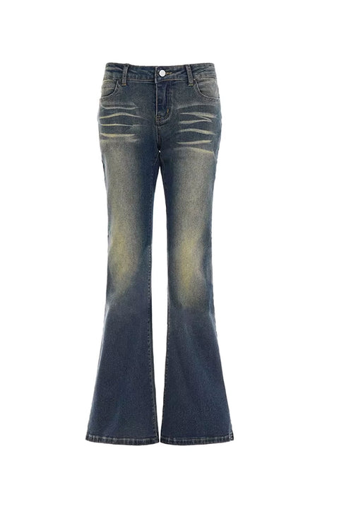 2000s Y2K Whiskered Vintage Wash Low-Rise Single Button Flare Bootcut Jean with Good Stretch