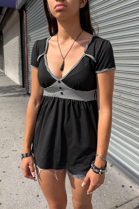 Y2K Grunge Striped Button-Front V-Neck Short Sleeve Babydoll Top