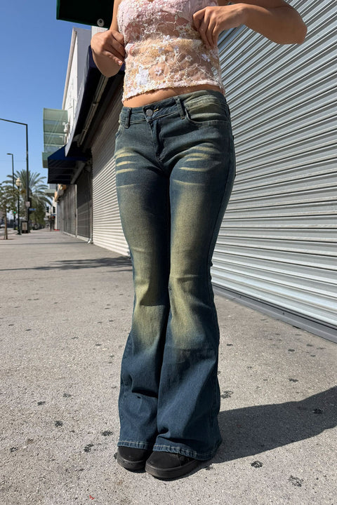 2000s Y2K Whiskered Vintage Wash Low-Rise Single Button Flare Bootcut Jean with Good Stretch