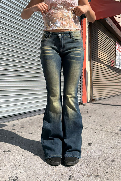 2000s Y2K Whiskered Vintage Wash Low-Rise Single Button Flare Bootcut Jean with Good Stretch