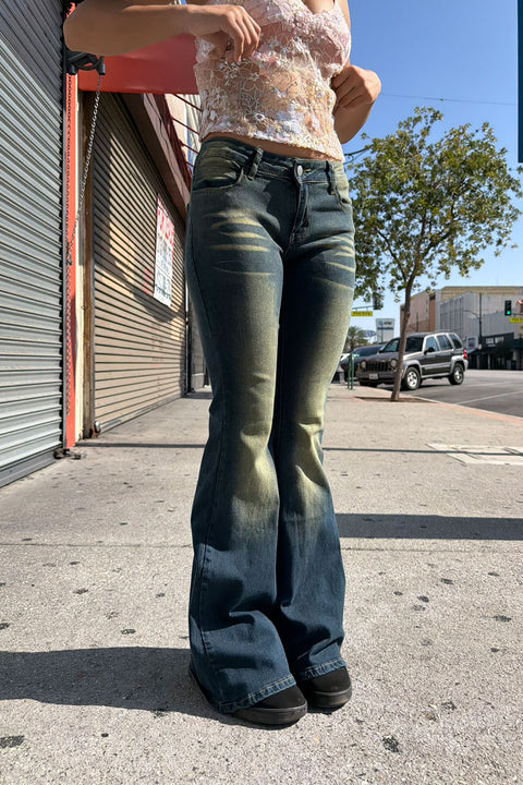 2000s Y2K Whiskered Vintage Wash Low-Rise Single Button Flare Bootcut Jean with Good Stretch