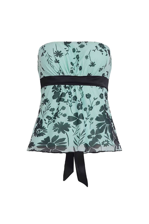 2000s Flower Printed Mesh Tube Top with Contrast Back Tie