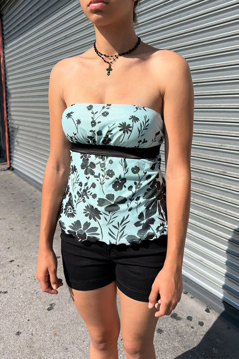 2000s Flower Printed Mesh Tube Top with Contrast Back Tie