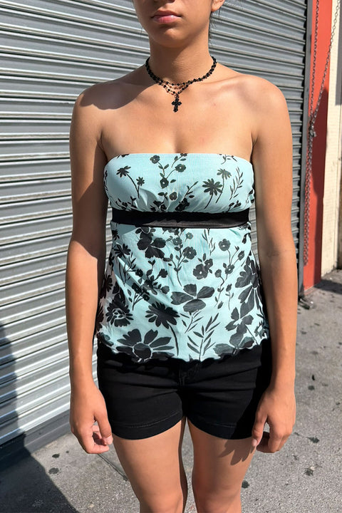 2000s Flower Printed Mesh Tube Top with Contrast Back Tie