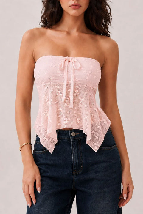 Trendy Textured Lace Strapless Tube Fly-Away Top