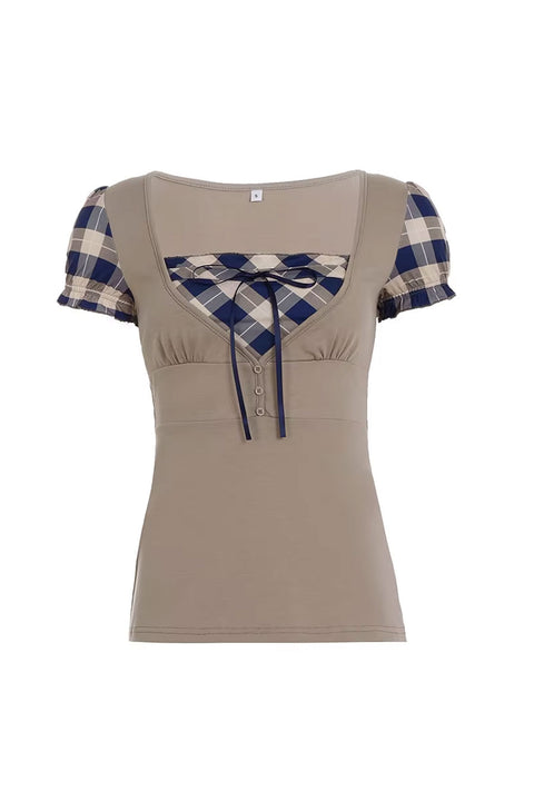 Y2K Plaid Faux-Layered Short Puff Sleeve Button-Front Peasant Top