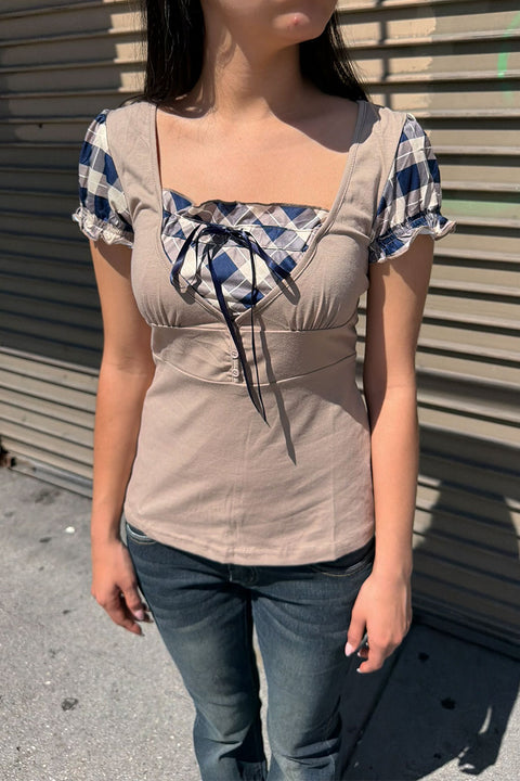 Y2K Plaid Faux-Layered Short Puff Sleeve Button-Front Peasant Top