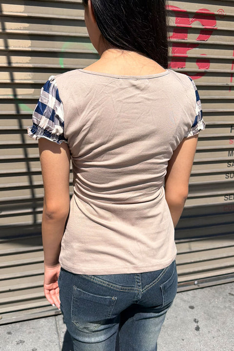 Y2K Plaid Faux-Layered Short Puff Sleeve Button-Front Peasant Top