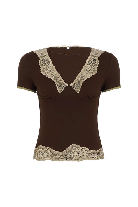 2000s Vintage Style Lace Decorated V-Neck Short Sleeve Top