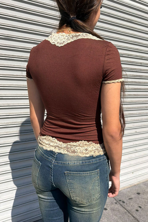 2000s Vintage Style Lace Decorated V-Neck Short Sleeve Top
