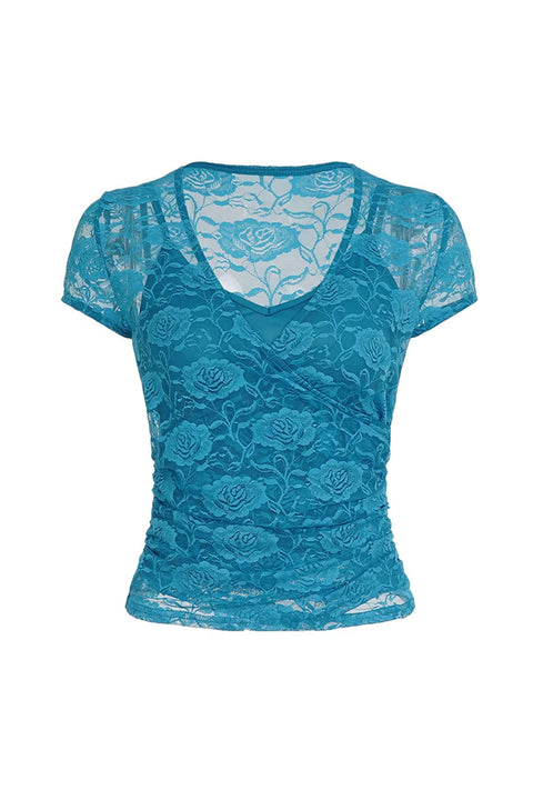 2000s Vintage Style V-Neck Surplice Signature Rose Pattern Lace Short Sleeve Top with Inner Tank Top