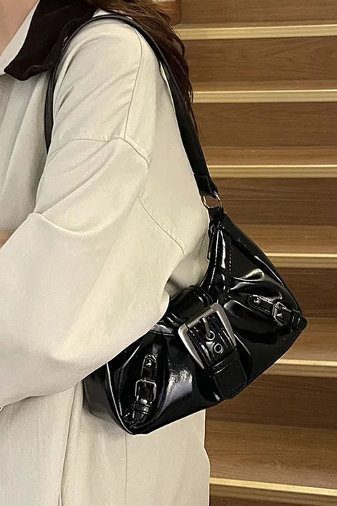 2000s Crescent Shoulder Mini Baguette Bag with Metal Buckle Details