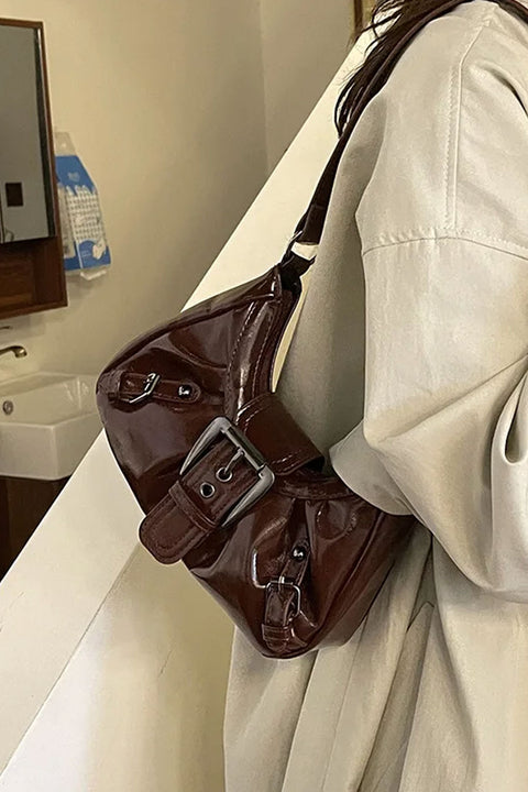 2000s Crescent Shoulder Mini Baguette Bag with Metal Buckle Details