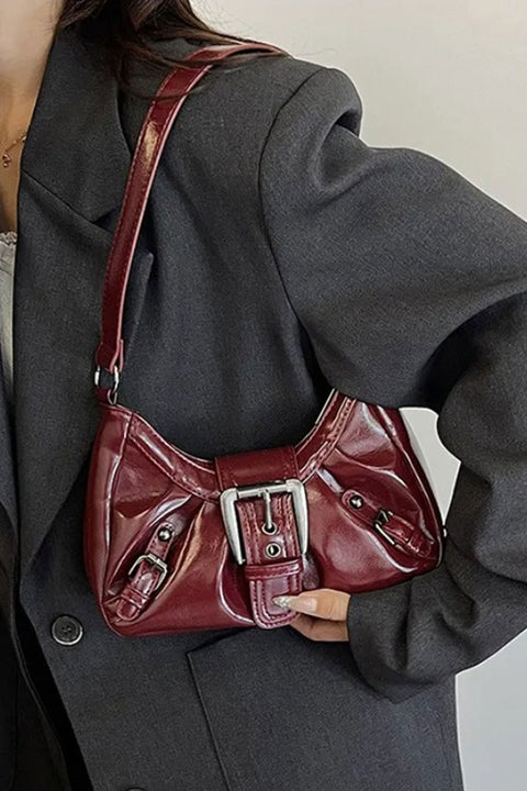 2000s Crescent Shoulder Mini Baguette Bag with Metal Buckle Details