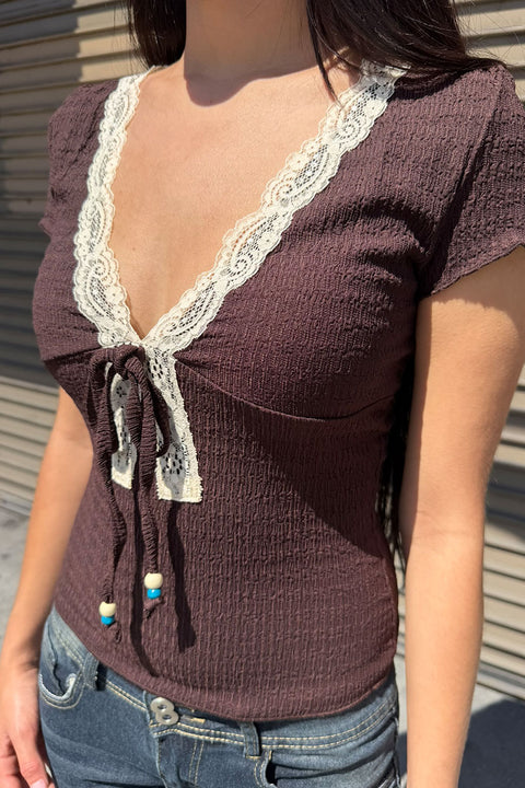 2000s Textured Lace-Trimmed V-Neck Short Sleeve Crop Top with Beaded Front Tie