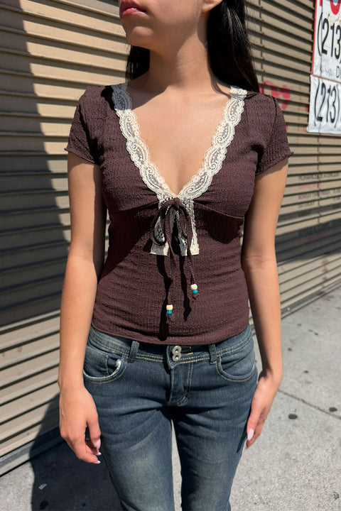 2000s Textured Lace-Trimmed V-Neck Short Sleeve Crop Top with Beaded Front Tie