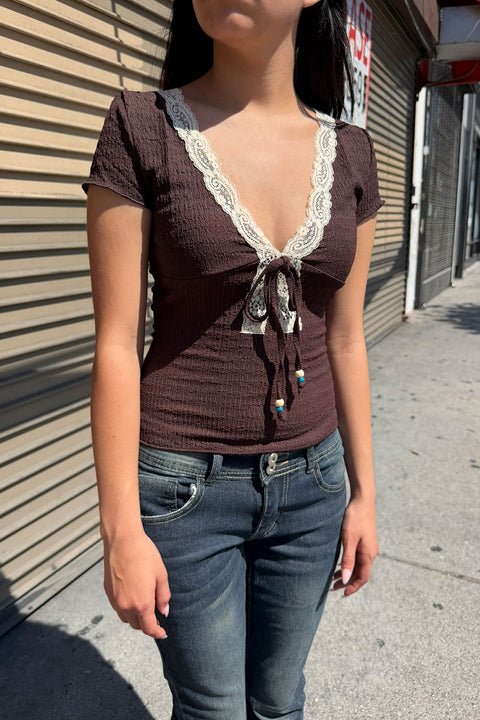 2000s Textured Lace-Trimmed V-Neck Short Sleeve Crop Top with Beaded Front Tie
