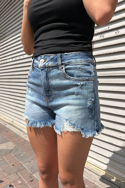 WAXJEAN Potasium Wash Distressed Frayed Hem Denim Shorts