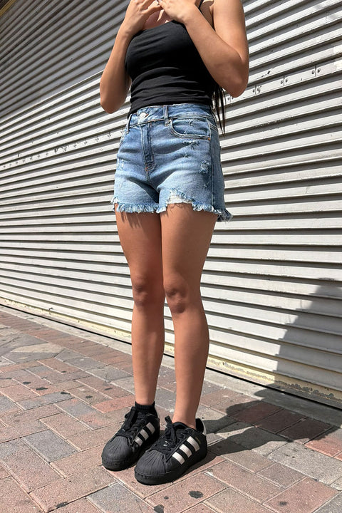 WAXJEAN Potasium Wash Distressed Frayed Hem Denim Shorts