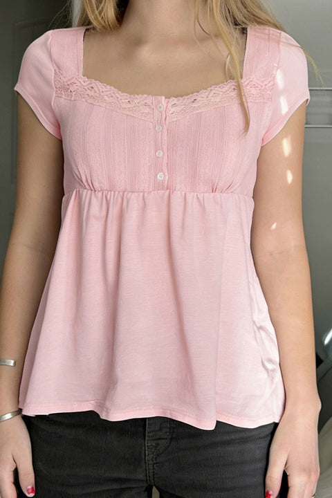 2000s Pointelle Short Sleeve Babydoll Top