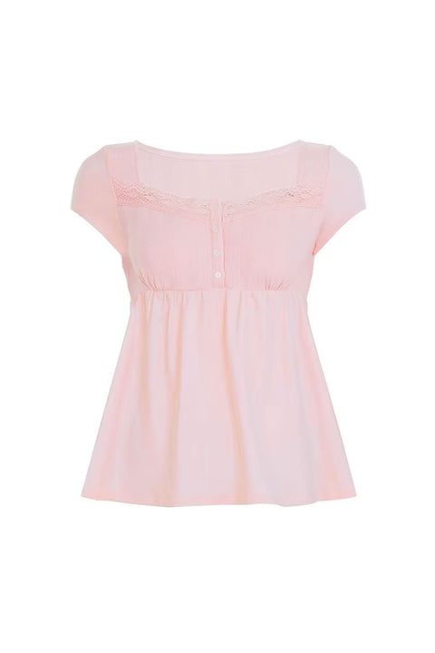 2000s Pointelle Short Sleeve Babydoll Top
