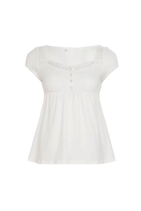 2000s Pointelle Short Sleeve Babydoll Top