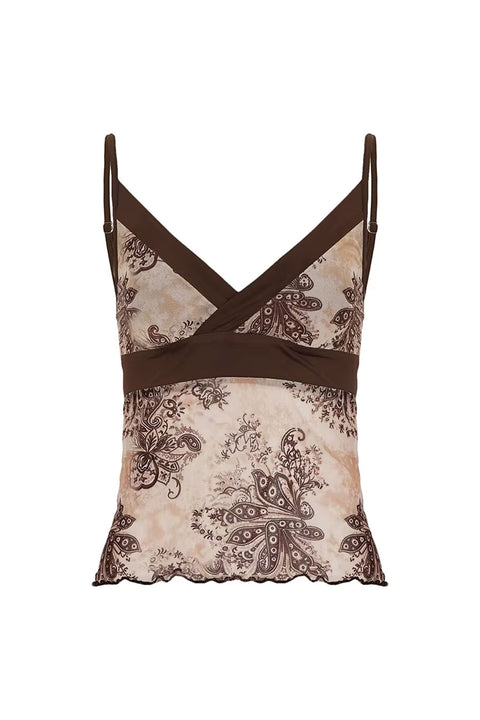 2000s Boho Babe Paisley Print Mesh Tank Cami Top