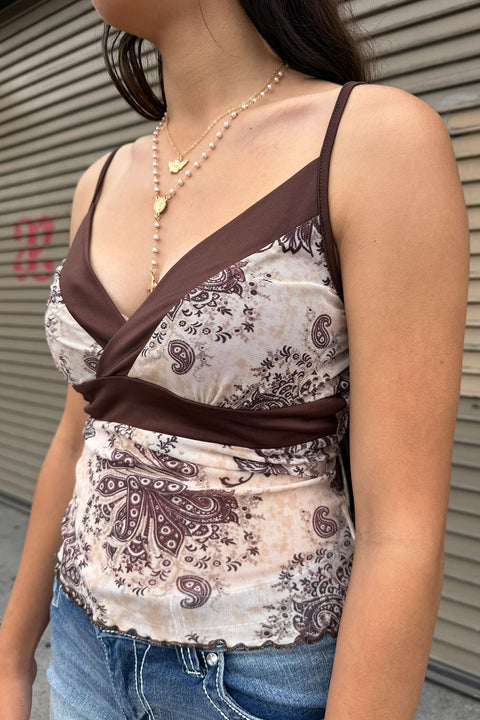 2000s Boho Babe Paisley Print Mesh Tank Cami Top