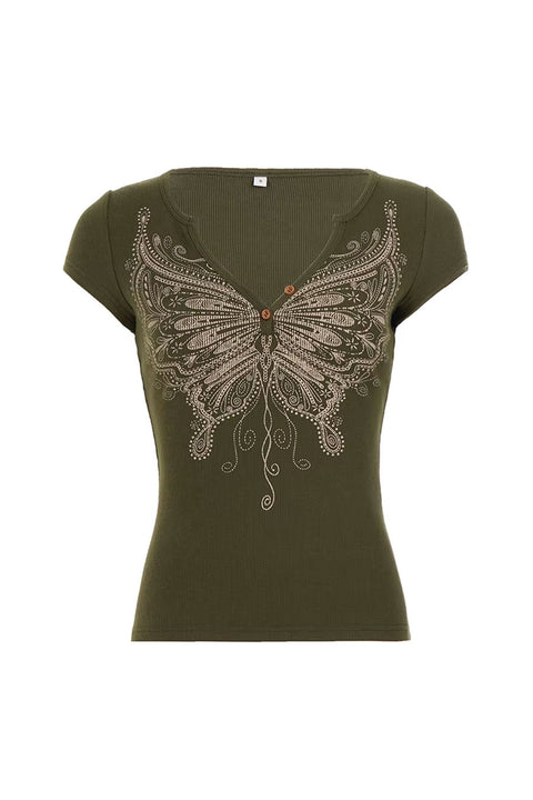 Y2K Angel Butterfly Graphic Print Ribbed Henley Top