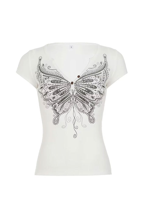 Y2K Angel Butterfly Graphic Print Ribbed Henley Top
