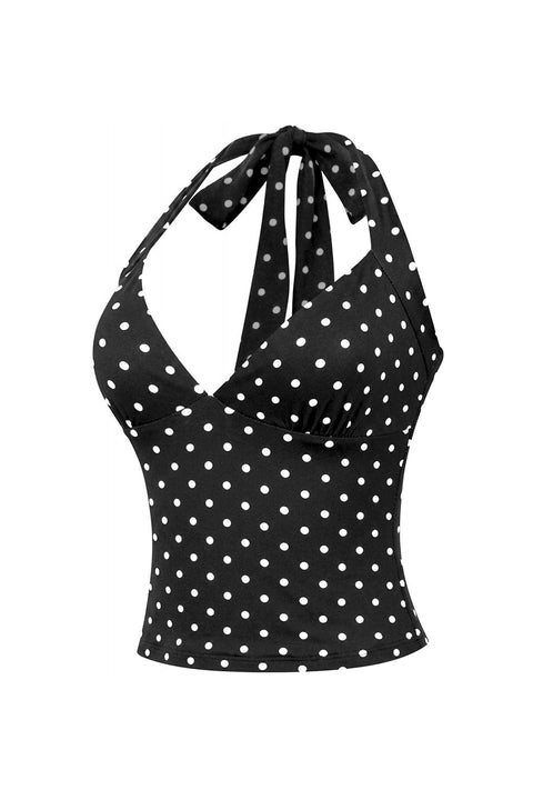 Tresser™ Sleeveless Halter Neck Tie Polka Dot Crop Top