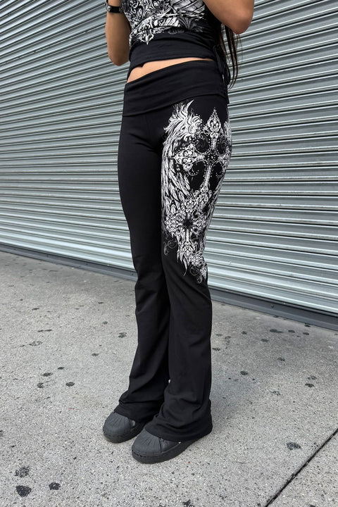 Y2K McBling Gothic Cross & Wing Rhinestone Print Fold-Over Flare Pants