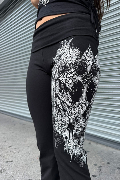 Y2K McBling Gothic Cross & Wing Rhinestone Print Fold-Over Flare Pants