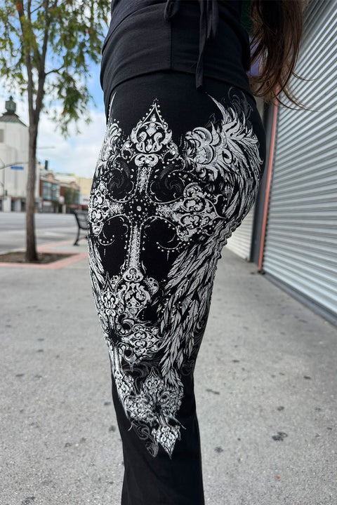 Y2K McBling Gothic Cross & Wing Rhinestone Print Fold-Over Flare Pants