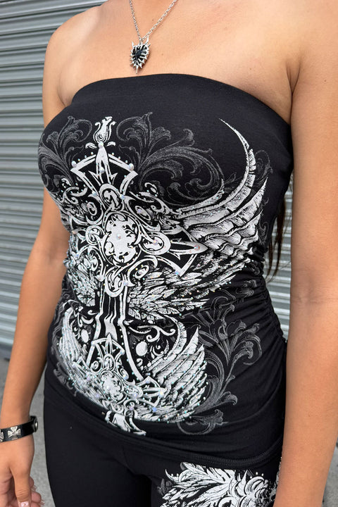 Y2K McBling Gothic Cross & Two Wing RhineStone Print Side Shirred Tube Top