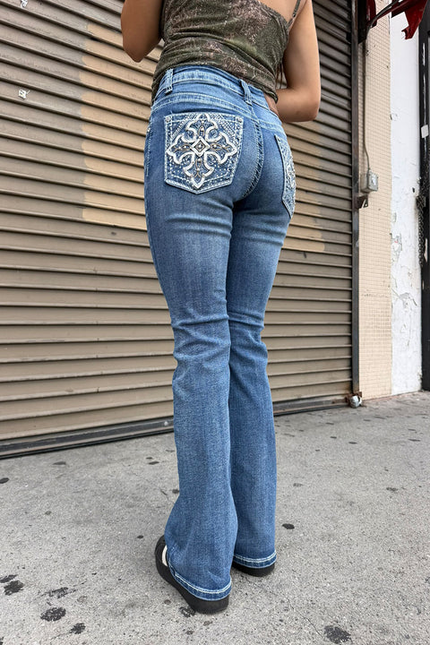 2000s Style Western Cross Rhinestone & Studded Bling Back Pocket Bootcut Jean with Good Stretch