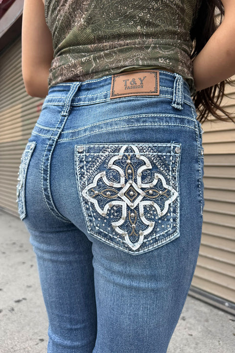 2000s Style Western Cross Rhinestone & Studded Bling Back Pocket Bootcut Jean with Good Stretch