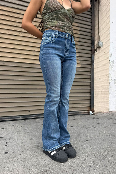 2000s Style Western Cross Rhinestone & Studded Bling Back Pocket Bootcut Jean with Good Stretch