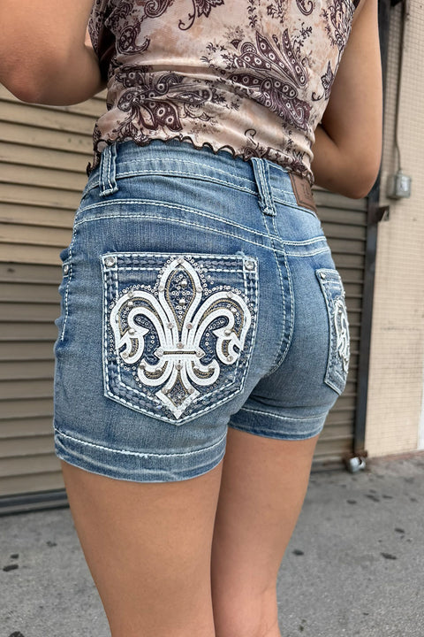 2000s Fleur De Lis Bedazzled Rhinestone Denim Shorts