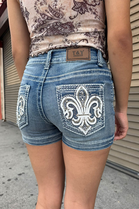 2000s Fleur De Lis Bedazzled Rhinestone Denim Shorts