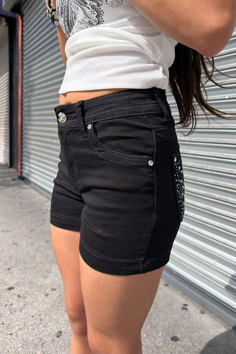 2000s Bedazzled Rhinestone Gothic Cross  Black Denim Shorts