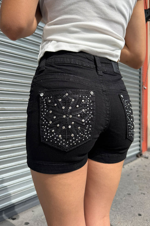2000s Bedazzled Rhinestone Gothic Cross  Black Denim Shorts