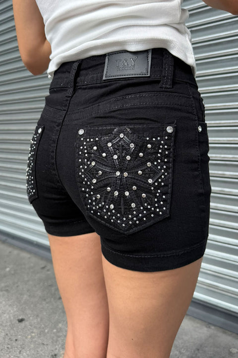 2000s Bedazzled Rhinestone Gothic Cross  Black Denim Shorts