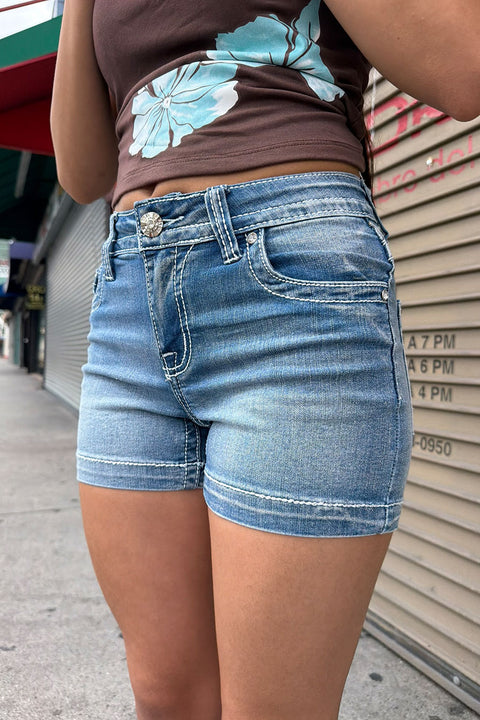 2000s Flower & Butterfly Bedazzled Rhinestone Waste Embroidered Denim Shorts