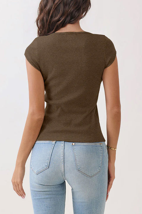 2000s Basic Short Sleeve Scalloped Edge Ribbed Henley Top