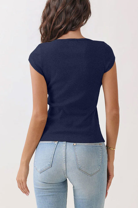 2000s Basic Short Sleeve Scalloped Edge Ribbed Henley Top