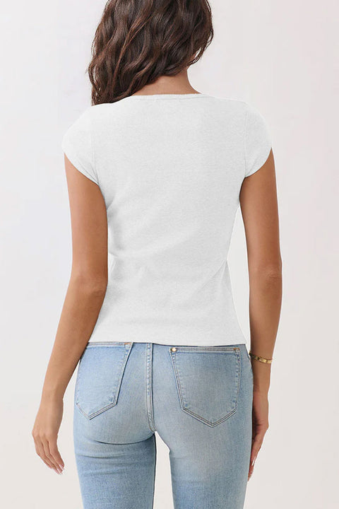 2000s Basic Short Sleeve Scalloped Edge Ribbed Henley Top
